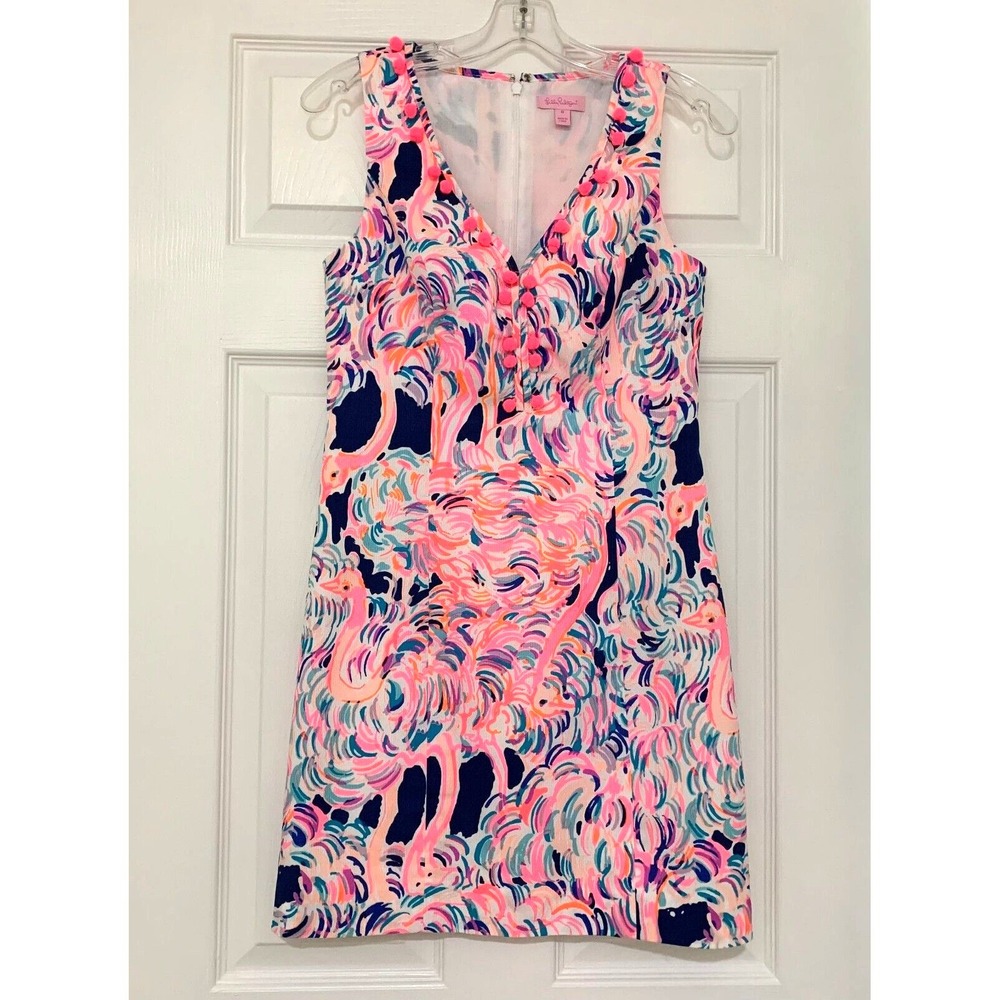 Lilly Pulitzer Cabrey Shift Dress sz‎ 0 Flamingos Pelican Pink Pompoms